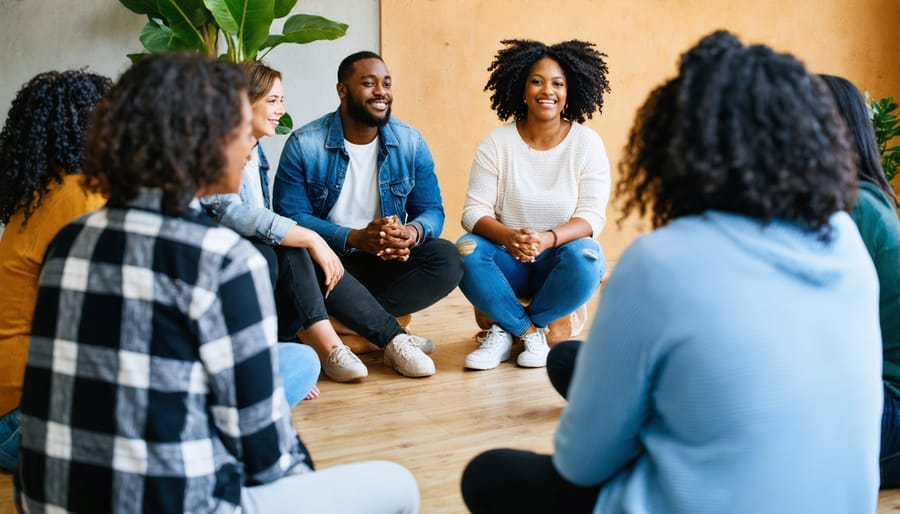 Community support group meeting with diverse participants engaged in discussion