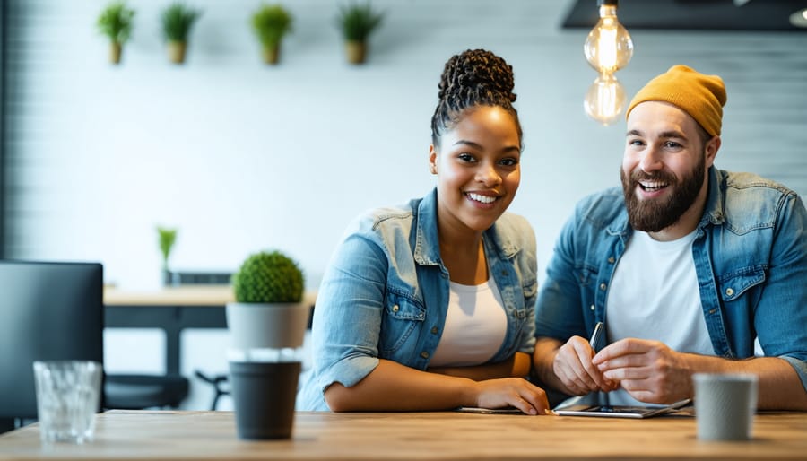Smiling woman standing outside community credit union building