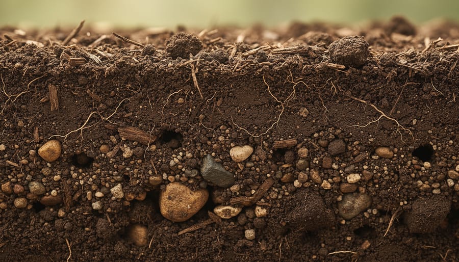 Cross-section of rich dark soil showing roots, organic matter, and porous structure