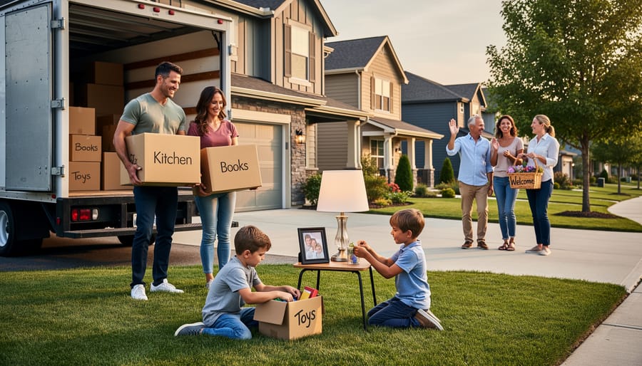 Family walking into a new apartment neighborhood carrying moving boxes