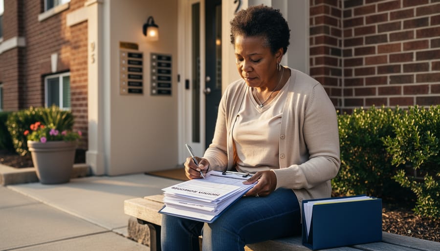 Person holding housing documents outside an apartment building