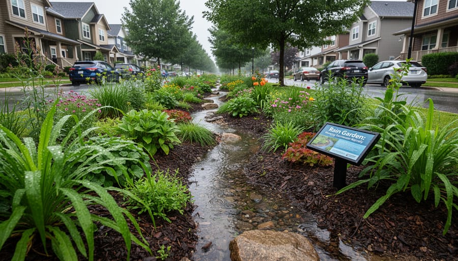 Rain garden with native plants and small water flow near a community walkway.