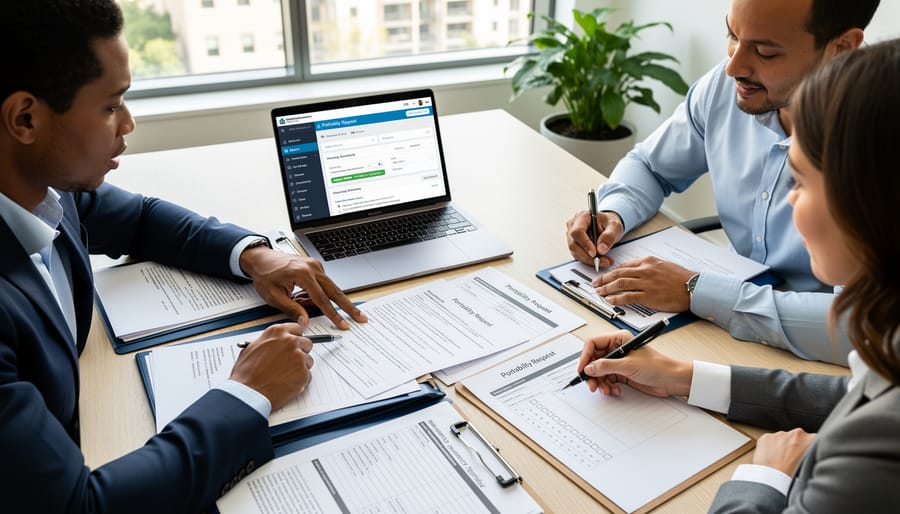 Two housing office workers reviewing documents at a desk