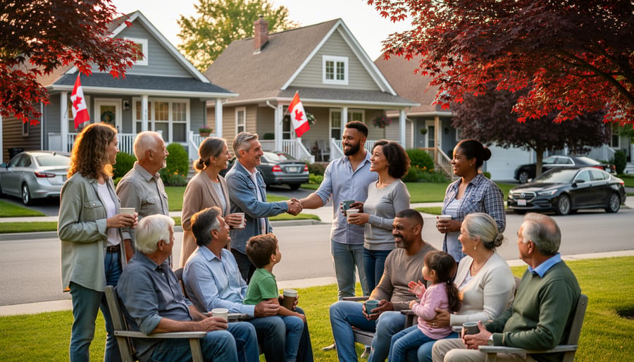 Diverse neighbours talking in a Canadian apartment courtyard after a community meeting