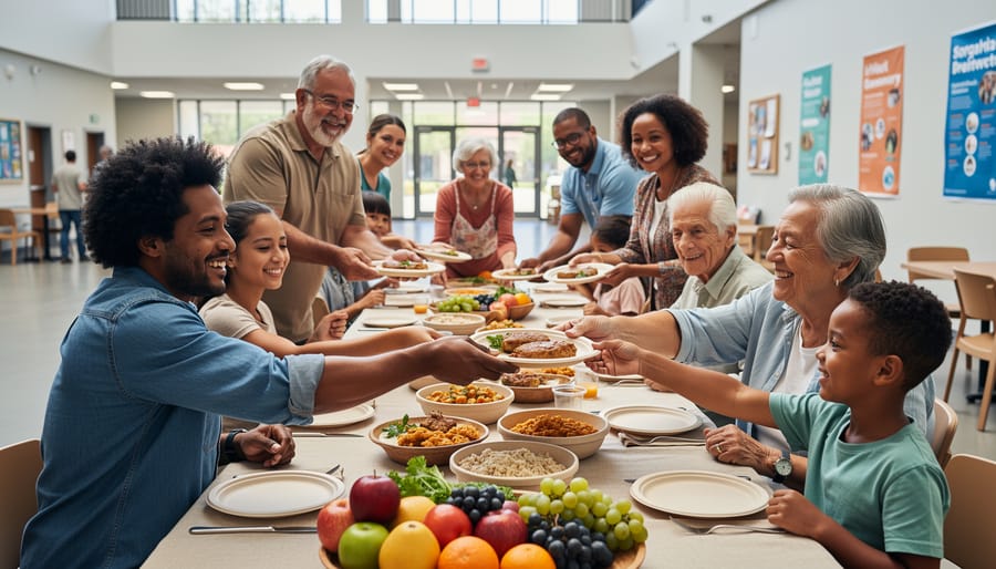 Volunteers sharing bread and produce at a community table inside a community hub