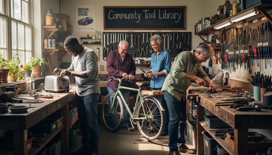 Hand tools and supplies arranged on a workshop table at a community repair and sharing space