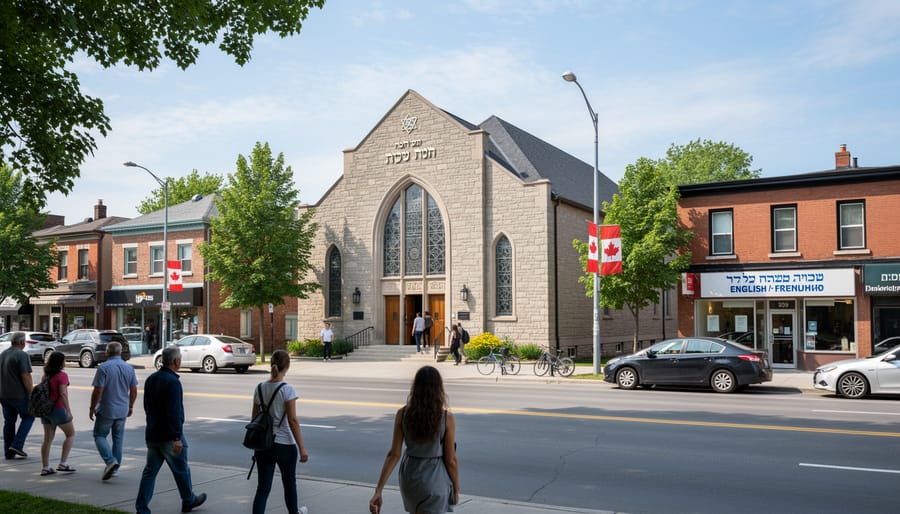 People walking outside a synagogue building in Canada