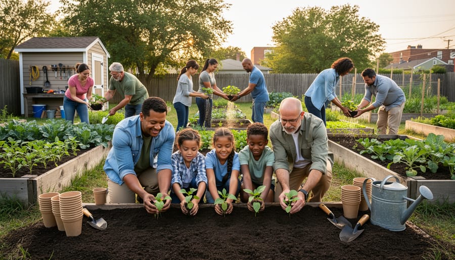 Hands planting seedlings in a community garden bed