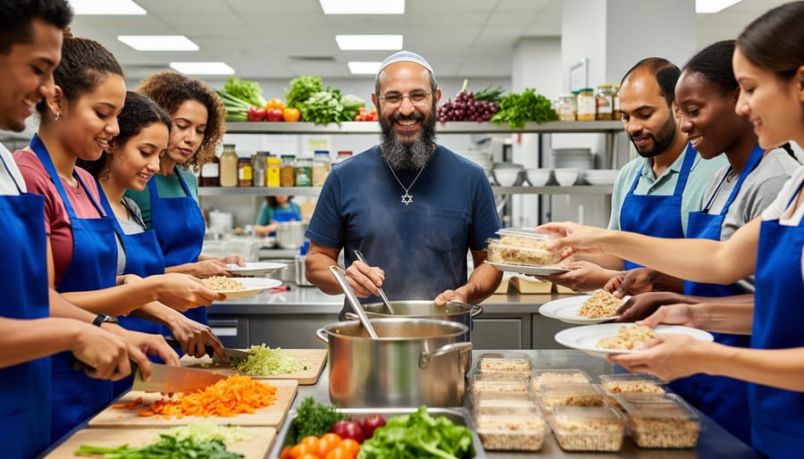 Volunteers packing meal boxes in a community kitchen