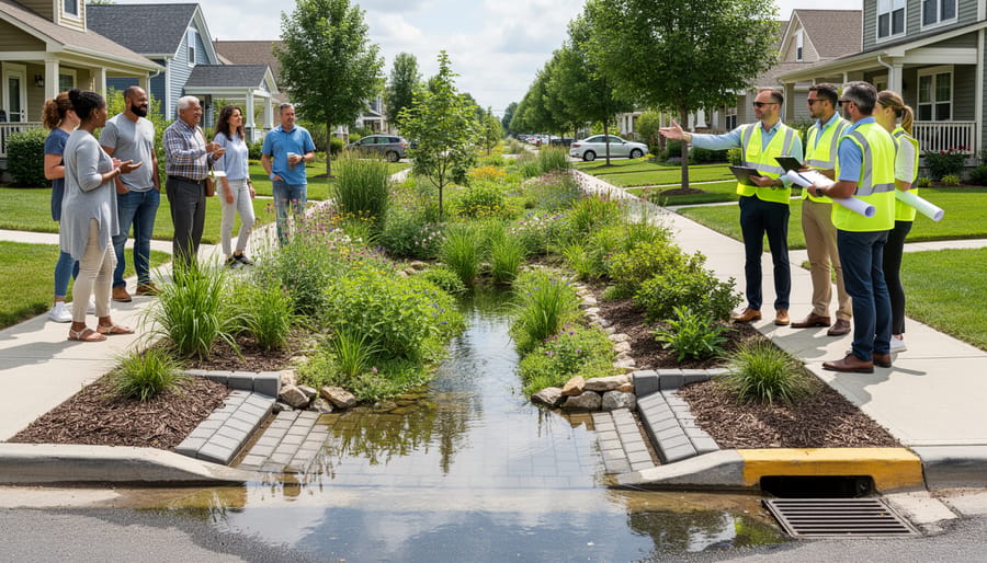 Residents and city planners standing near a rain garden and permeable paving stormwater infrastructure.