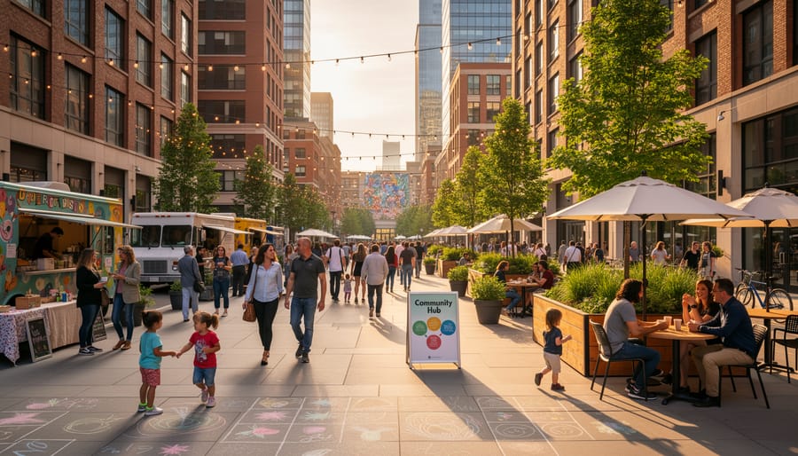 Warmly lit outdoor seating area in a downtown space with pedestrians nearby at twilight.
