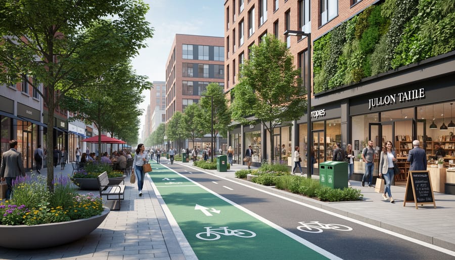 Pedestrians and a cyclist on a revitalized Canadian city street with bike lanes and greenery.